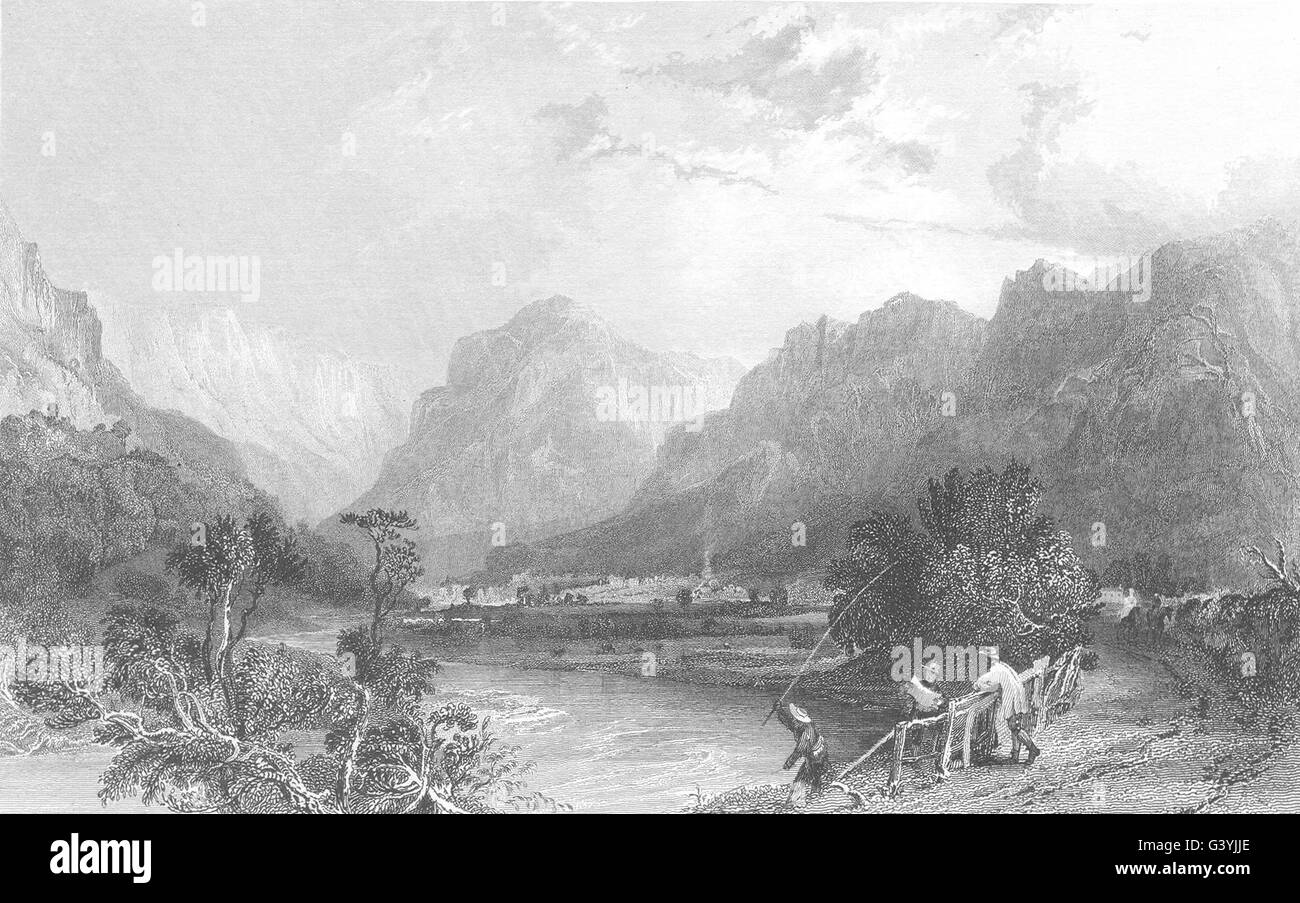 CUMBRIA: Eagle Crag aus Rosthwaite, Borrowdale (Allom), antique print 1832 Stockfoto