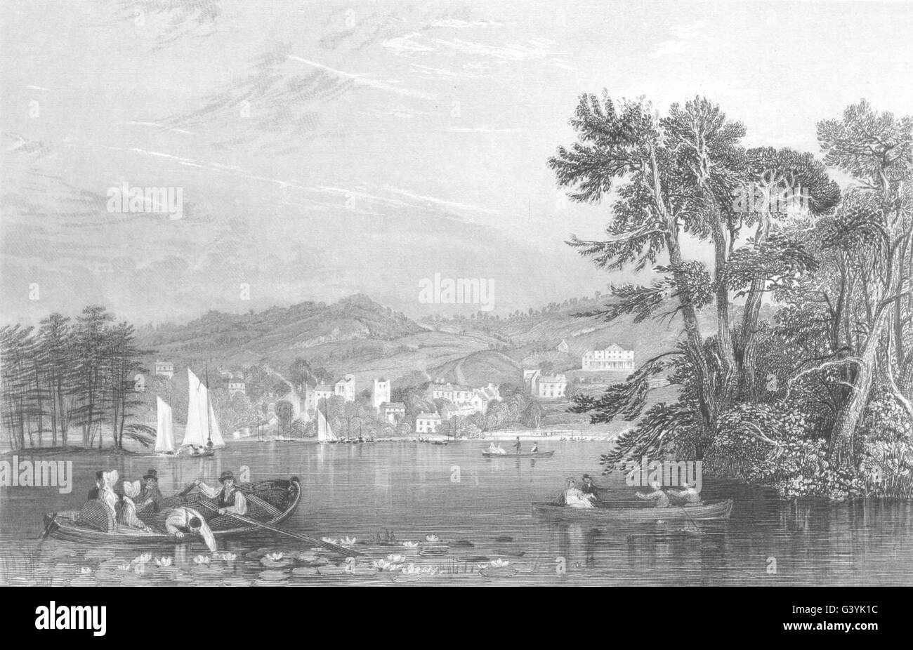 CUMBRIA: Bowness, von Belle Isle, Windermere (Allom), antike print 1832 Stockfoto