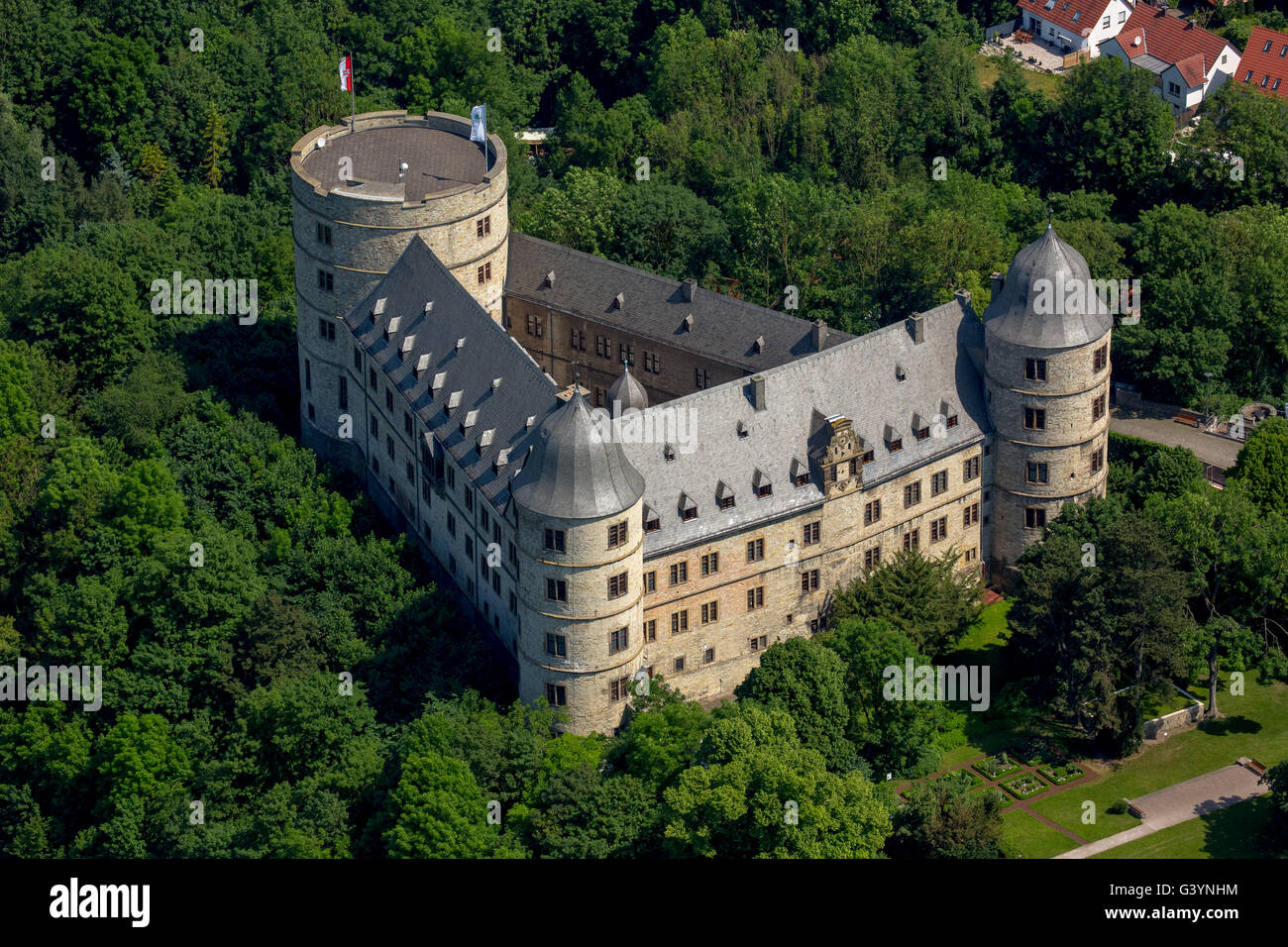 Luftaufnahme, Wewelsburg, Hügel Burg in der Kreisstadt Wewelsburg Büren im Kreis Paderborn, dreieckige Festung, Stockfoto