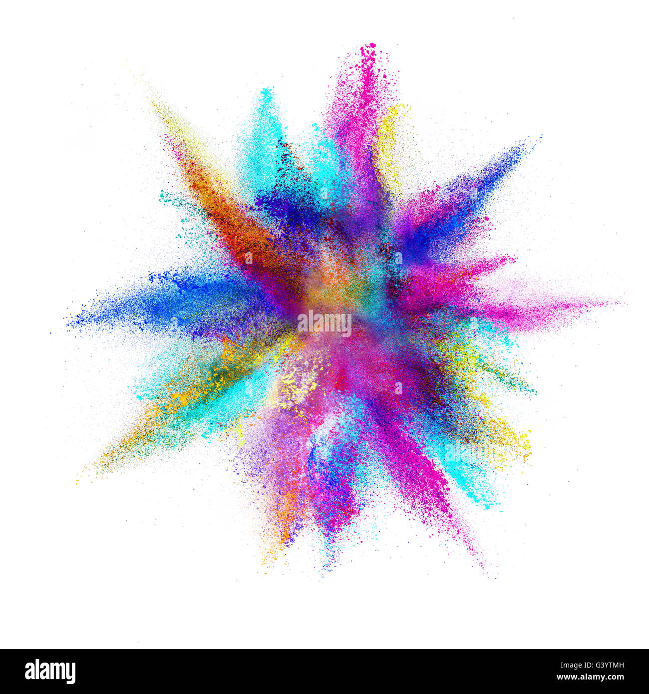 Explosion der Farbpulver, isoliert auf weißem Hintergrund Stockfoto
