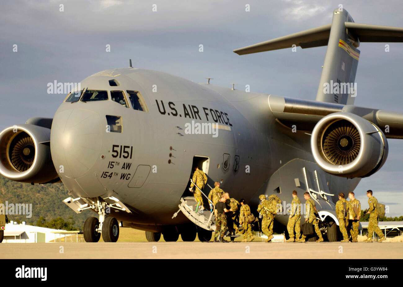 Australische Verteidigung-Kräfte an Bord einer c-17 Globemaster III. Stockfoto