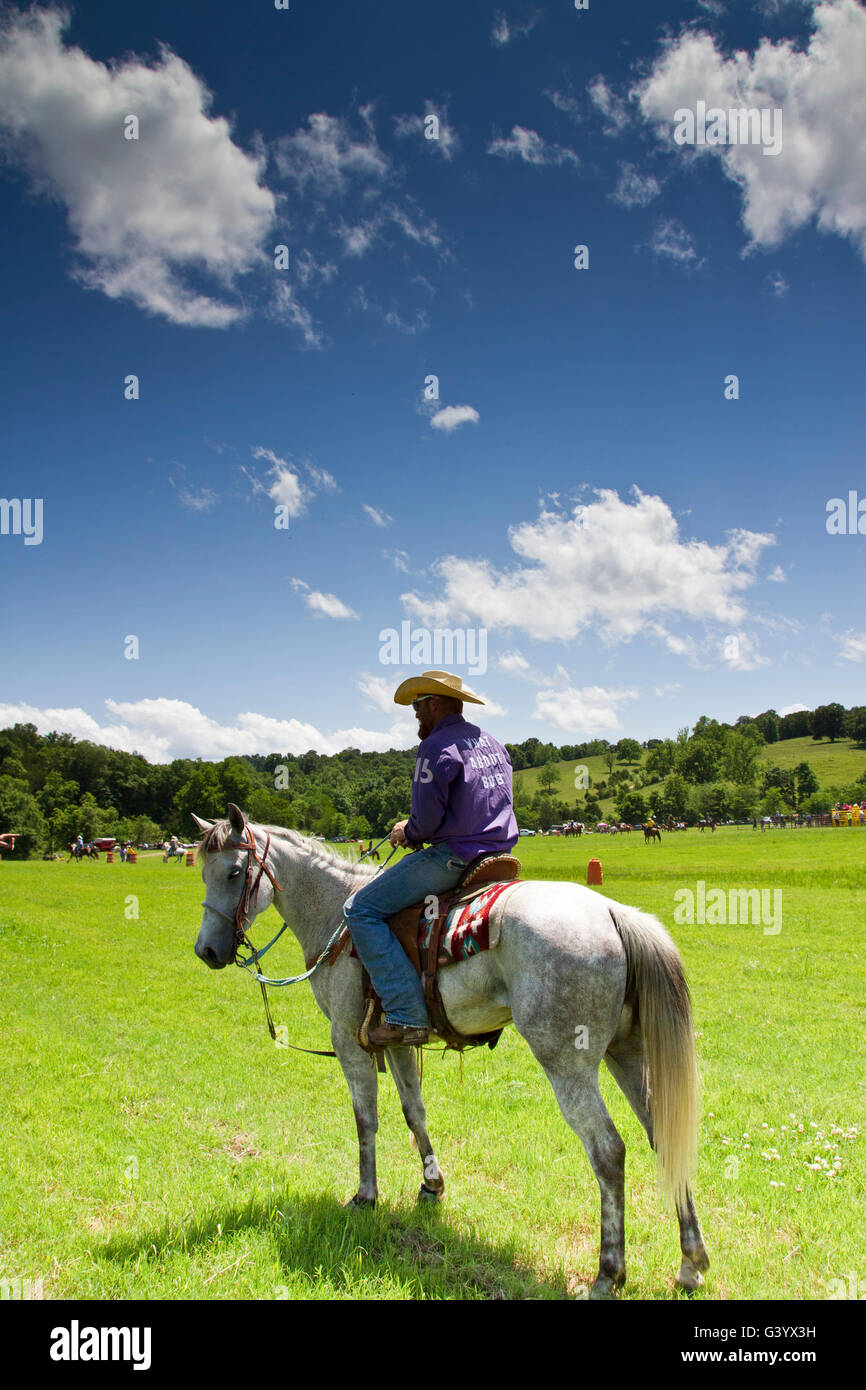 Cowboy auf seinem Pferd mit einer großen offenen Prärie hinter den beiden sitzen Stockfoto