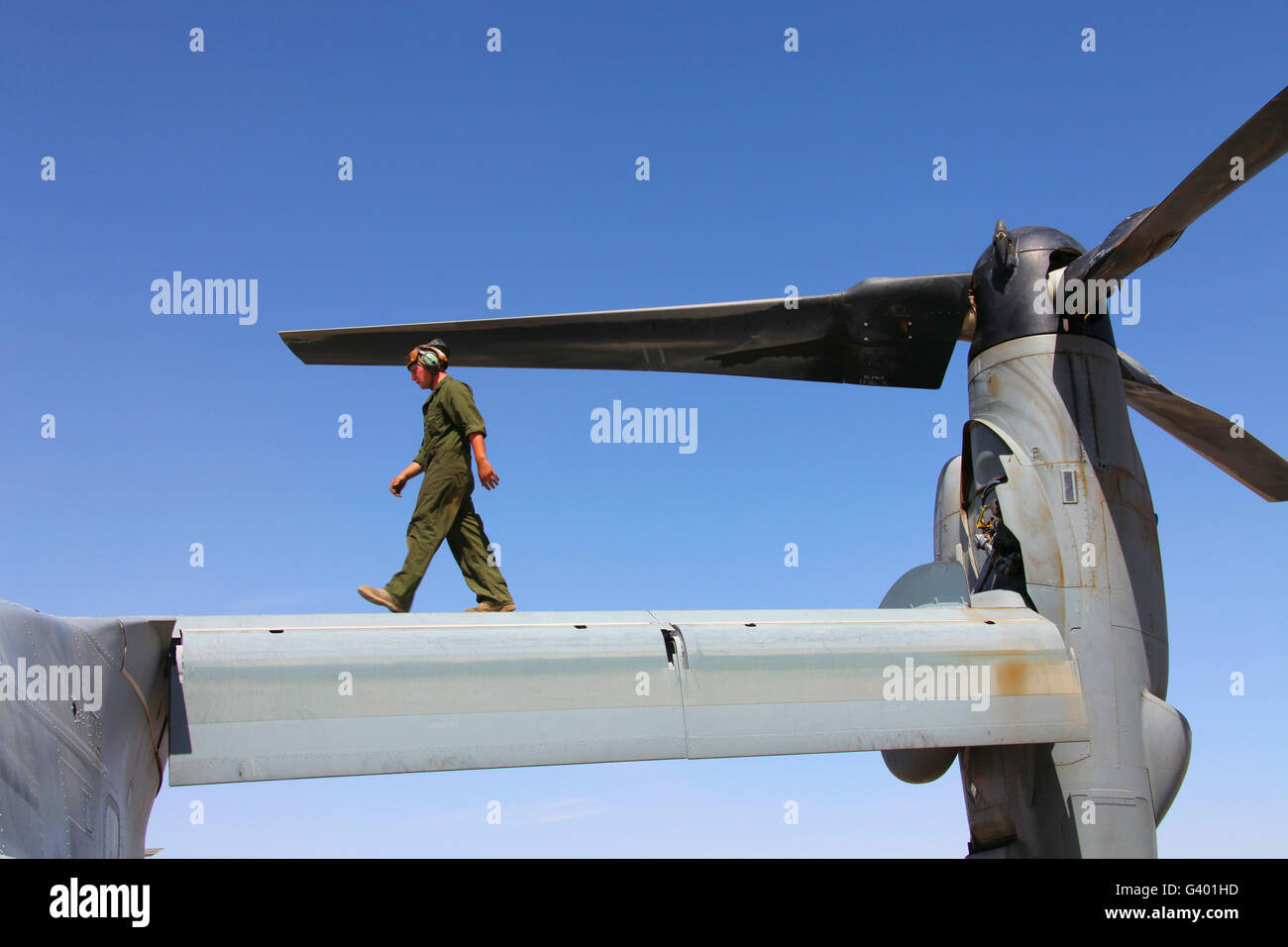 Ein Mechaniker Flightline wirft einen Blick auf die Flügel und Rotoren ein MV-22 Osprey. Stockfoto