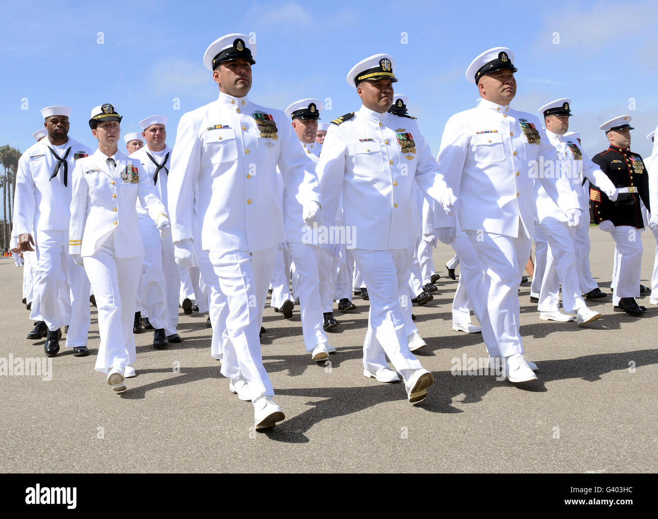 Seabees marschieren in Formation. Stockfoto