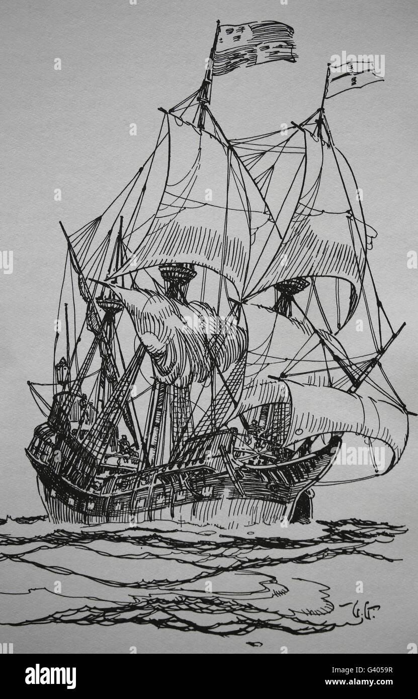 Ein elisabethanisches Schiff von 1588. Gallion. Neuzeit. England. Europa. Kupferstich, 19. Jahrhundert. Stockfoto