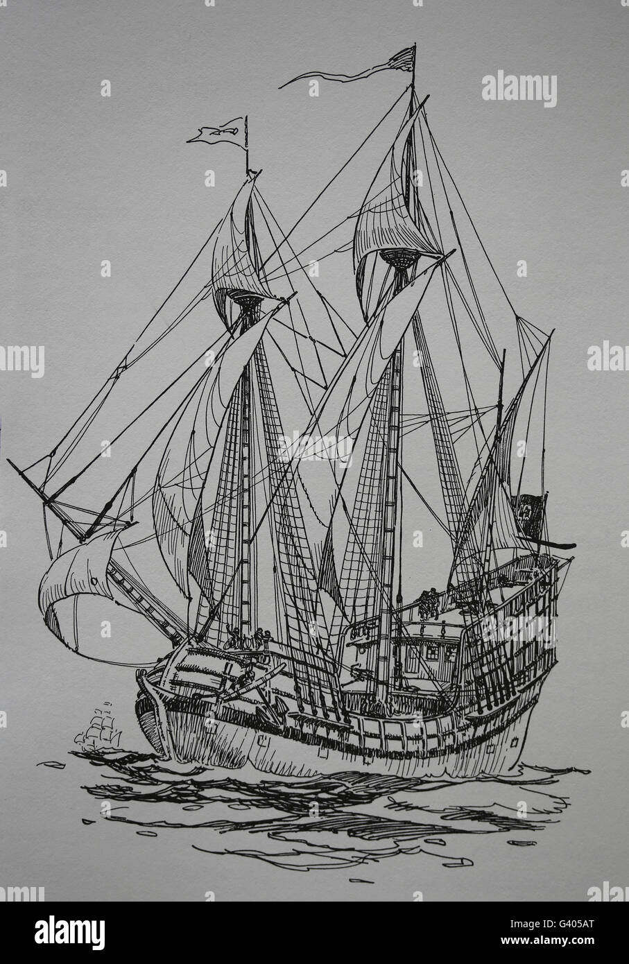 Hulk. Mittelalterlichen Schiffstyp. Kupferstich, 19. Jahrhundert. Stockfoto