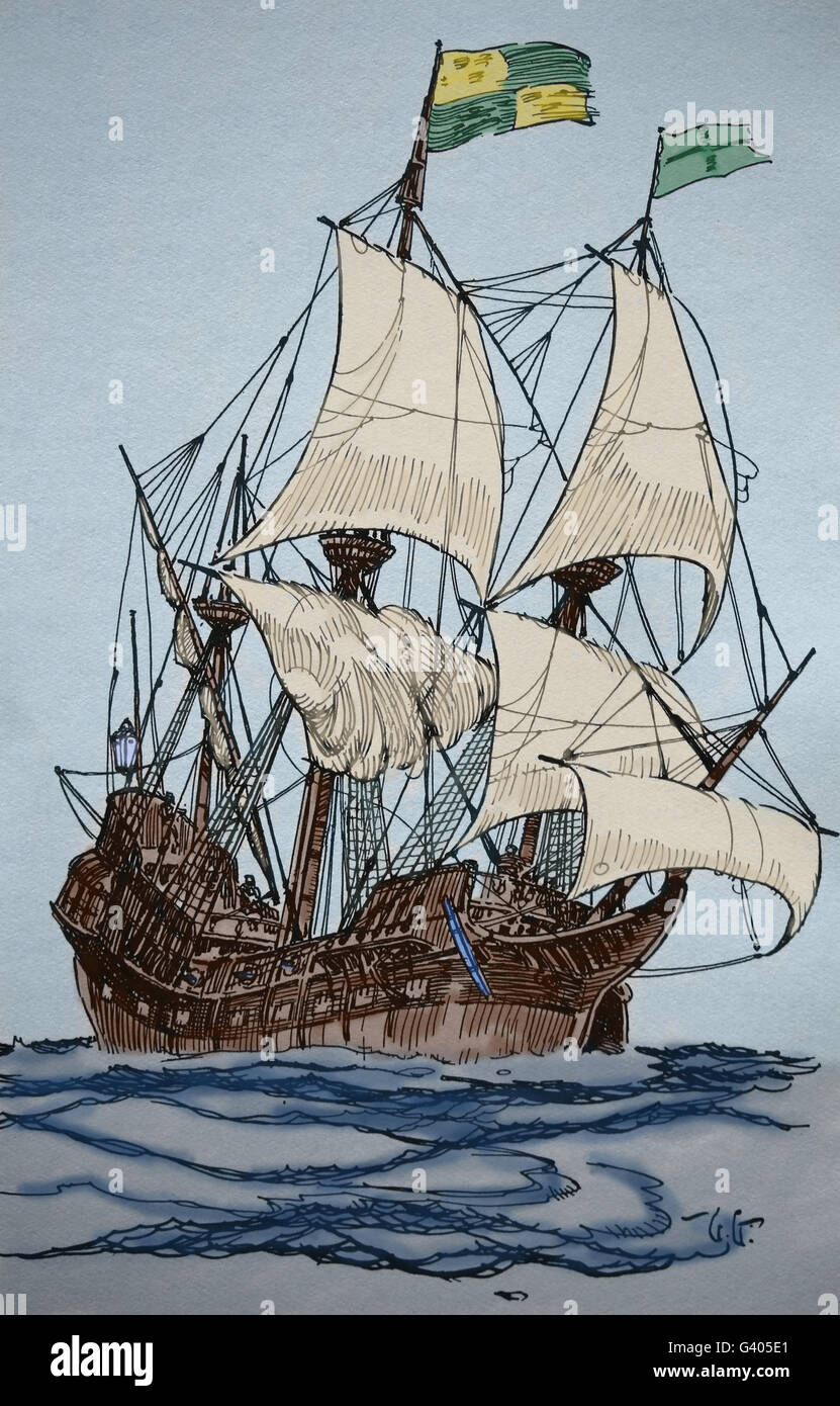 Ein elisabethanisches Schiff von 1588. Gallion. Neuzeit. England. Europa. Kupferstich, 19. Jahrhundert. Farbe. Stockfoto