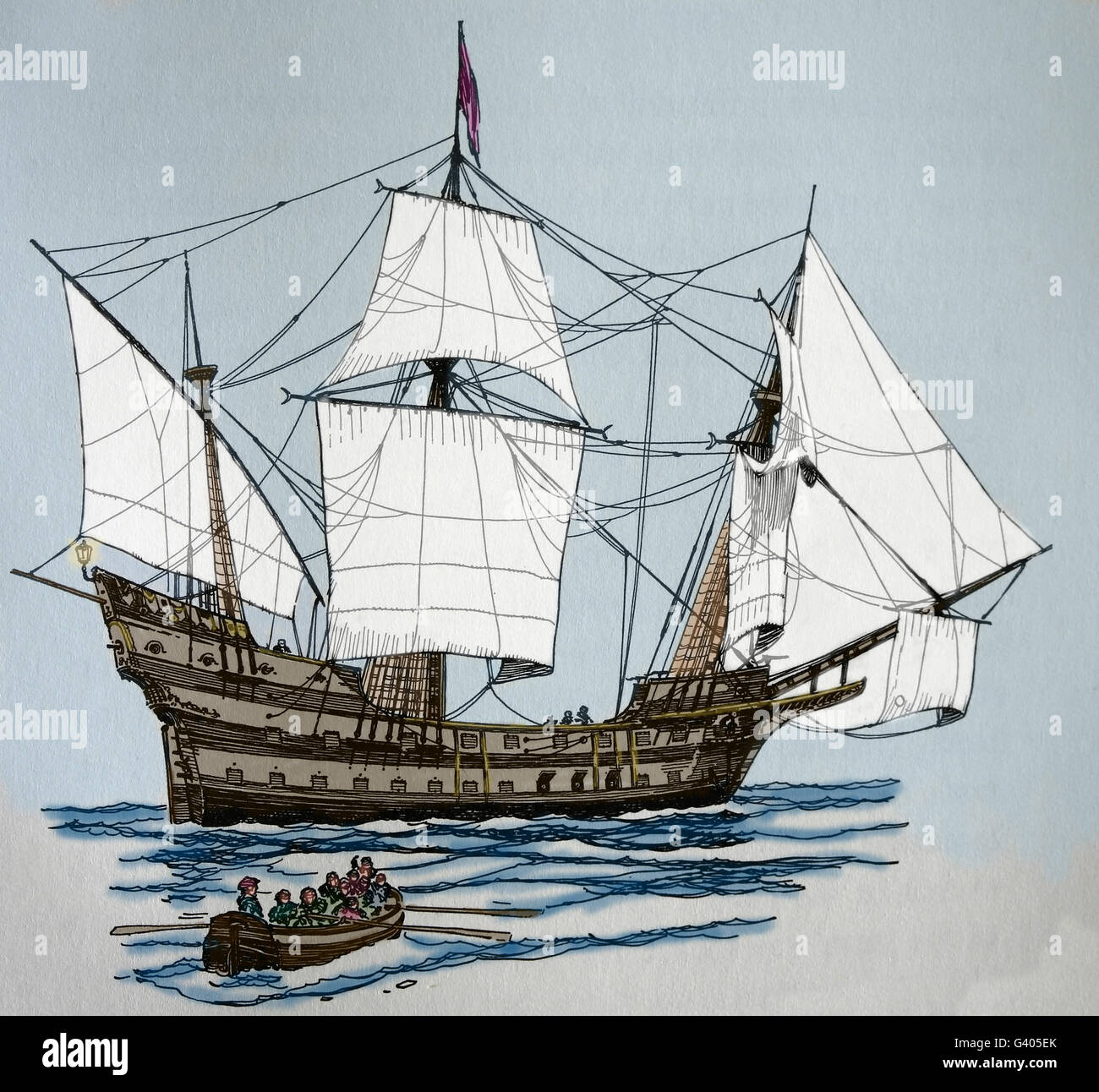 Die Galeone. Segelschiff. Neuzeit. 16.-17. Jahrhundert. Gravur. Farbe. Stockfoto