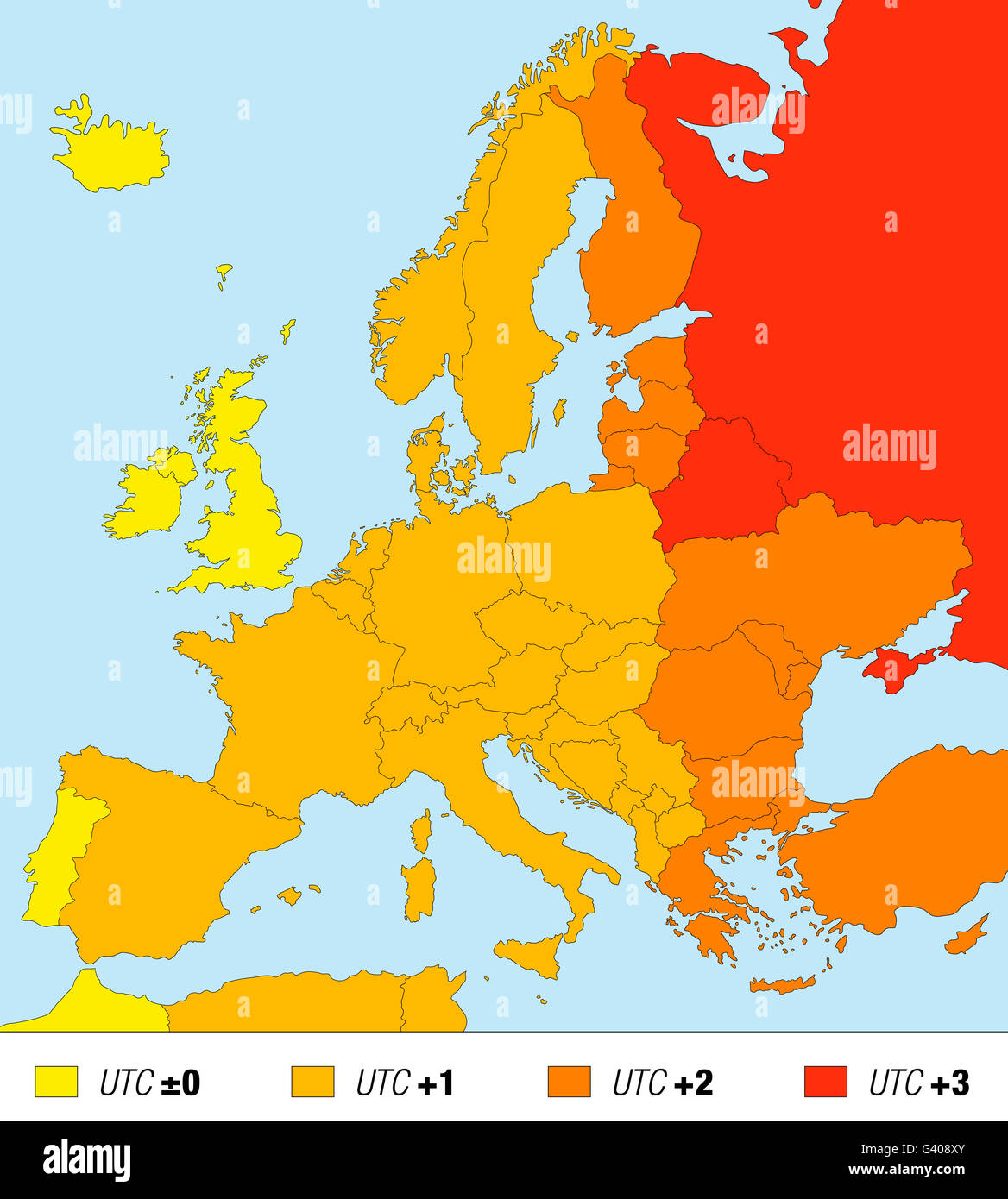 Zeitzone-Karte von Europa, Standardzeit. Weltzeit - UTC plus Stunden in den jeweiligen Ländern hinzugefügt. Stockfoto