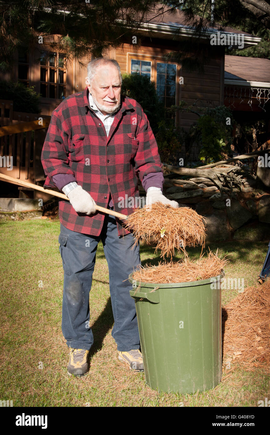 Großvater Reinigung seines Hofes am Abfallzeit, Quebec, Kanada Stockfoto