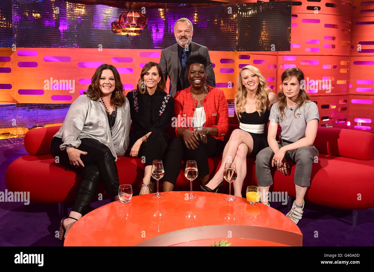 (links nach rechts) Moderator Graham Norton (Verteidiger), Melissa McCarthy, Kristen Wiig, Graham Norton, Leslie Jones, Kate McKinnon und Heloise Letissier, aka, Christine und Königinnen, während der Dreharbeiten von The Graham Norton Show, in den Londoner Studios, Südlondon, am Freitag Abend auf BBC One ausgestrahlt werden. Stockfoto