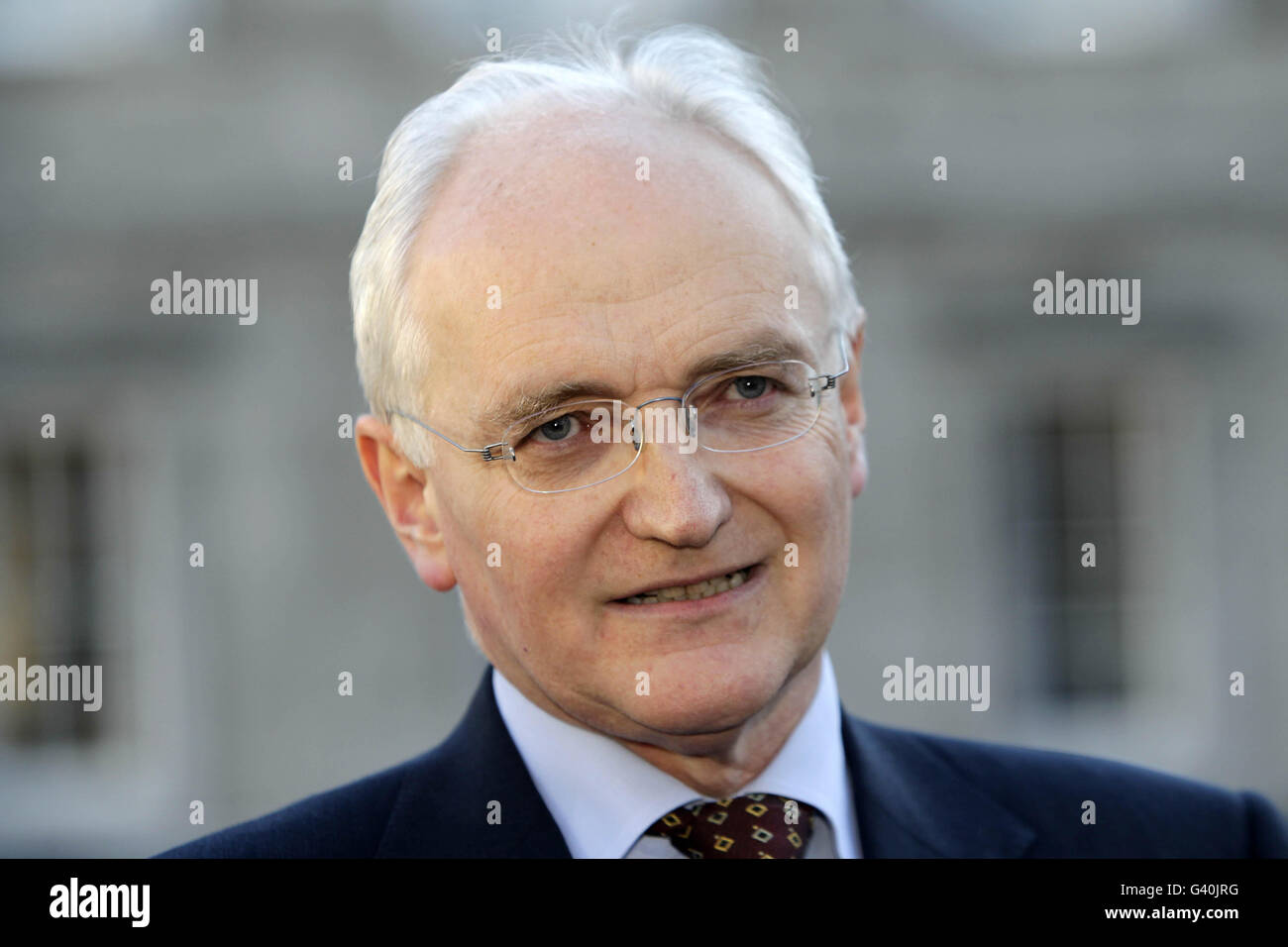 Der grüne Parteiführer John Gormley fordert während einer Pressekonferenz vor dem Leinster House in Dublin eine Parlamentswahl im März. Stockfoto