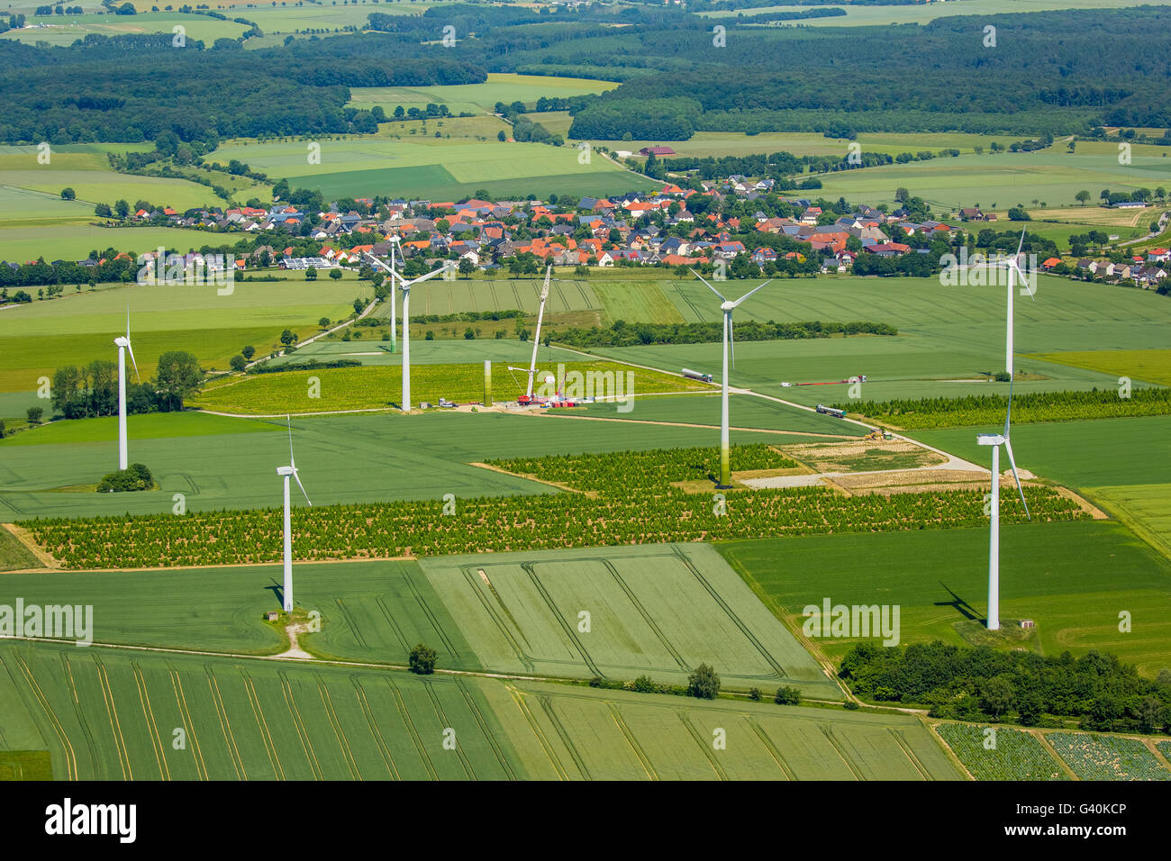 Luftaufnahme, Windkraftanlagen südlich von Effeln, Warstein, Sauerland, Nordrhein-Westfalen, Deutschland, Europa, Luftbild, Stockfoto
