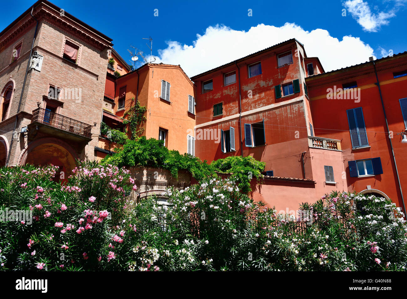 Häuser mit der charakteristischen rötlichen Farbe von Bologna gemalt. Bologna, Emilia-Romagna, Italien, Europa Stockfoto