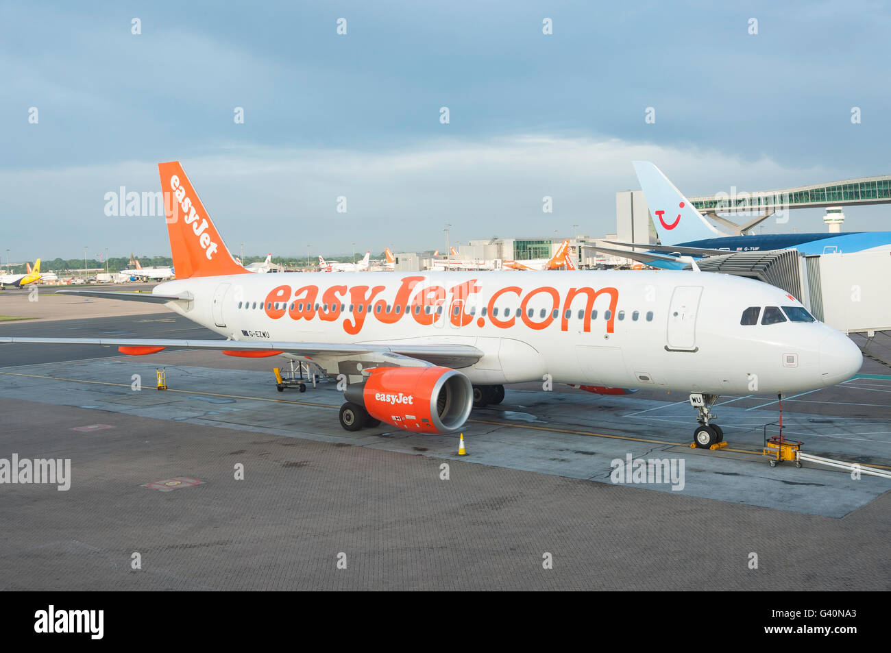 EasyJet Airbus A320 Flugzeug am Gate, Nord-Terminal, Flughafen London-Gatwick, Crawley, West Sussex, England, Vereinigtes Königreich Stockfoto