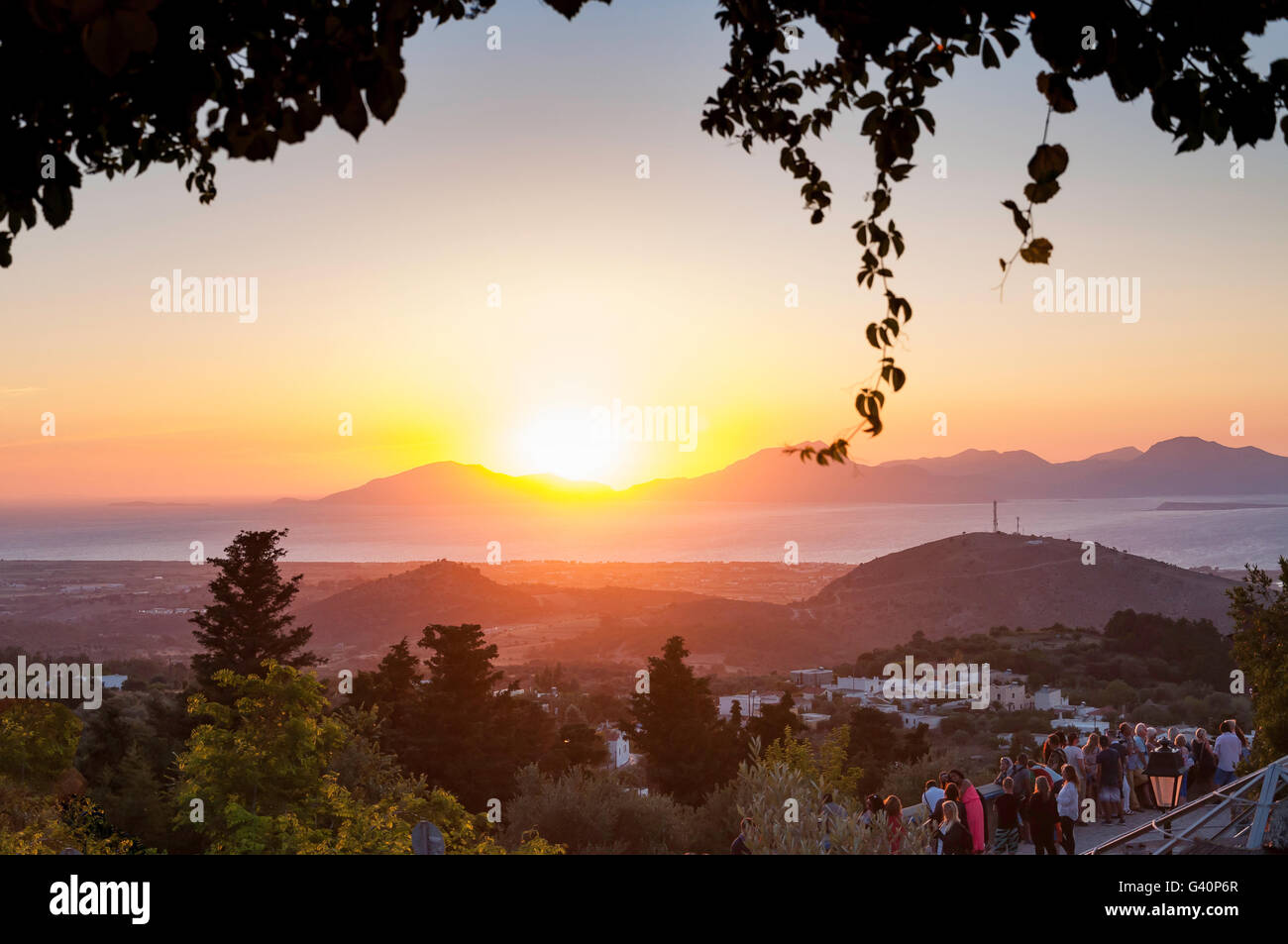 Blick auf den Sonnenuntergang vom Hügel Dorf Zia, Kos (Cos), die Dodekanes, South Aegean Region, Griechenland Stockfoto