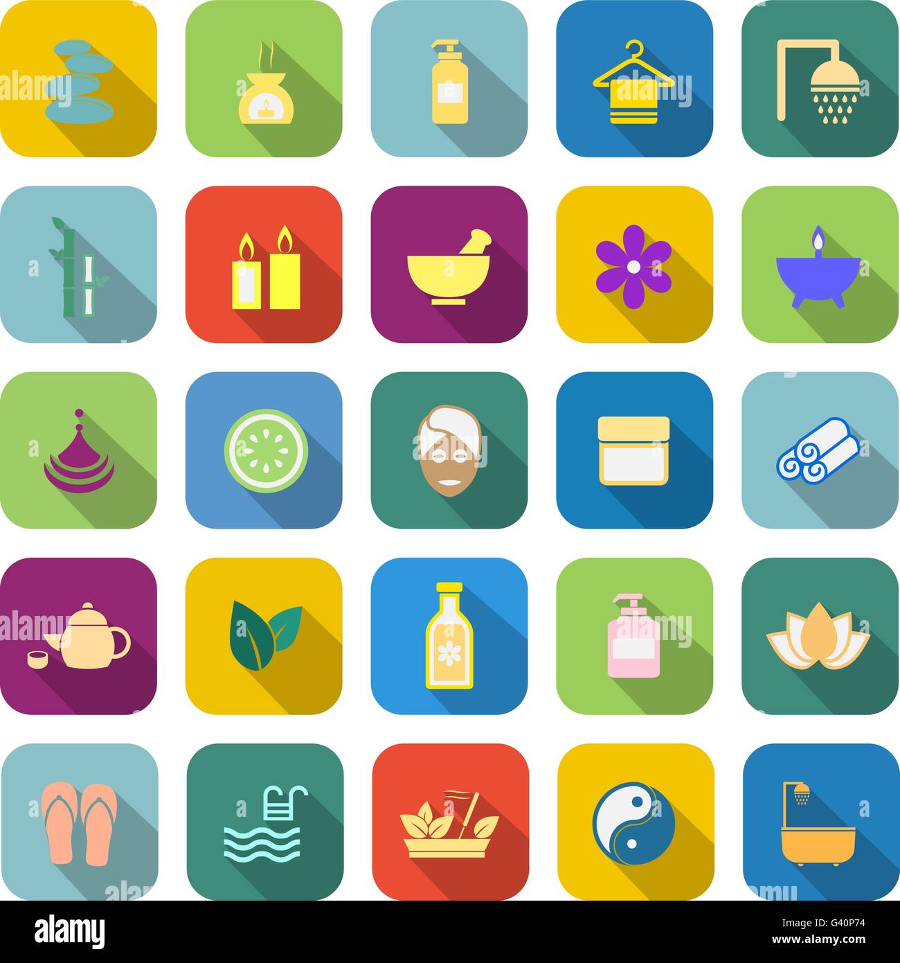 Wellness farbige Icons mit langen Schatten auf weißem Hintergrund Stock Vektor