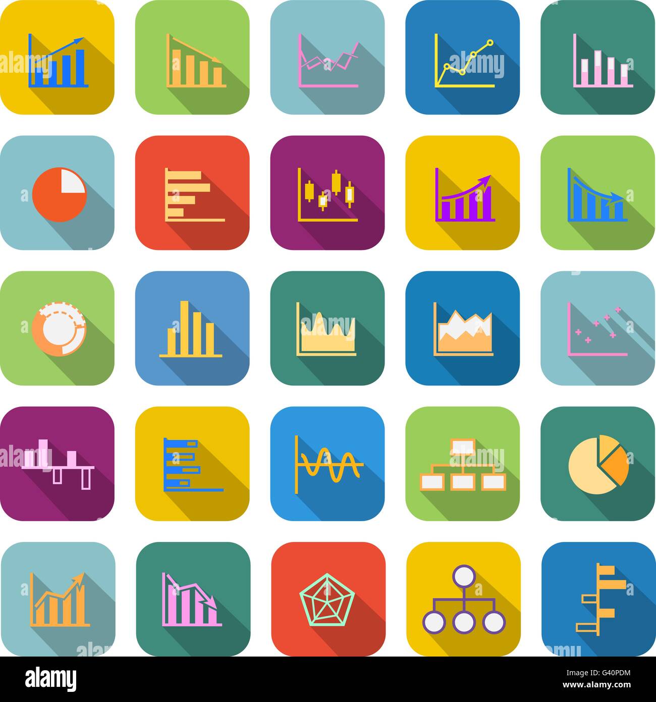 Graph farbige Icons mit langen Schatten auf weißem Hintergrund Stock Vektor