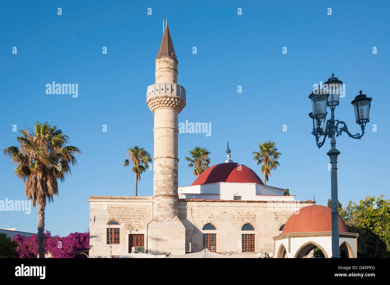 Deftedar Moschee bei Sonnenuntergang, Eleftherias Square, Kos-Stadt, Kos (Cos), die Dodekanes, South Aegean Region, Griechenland Stockfoto