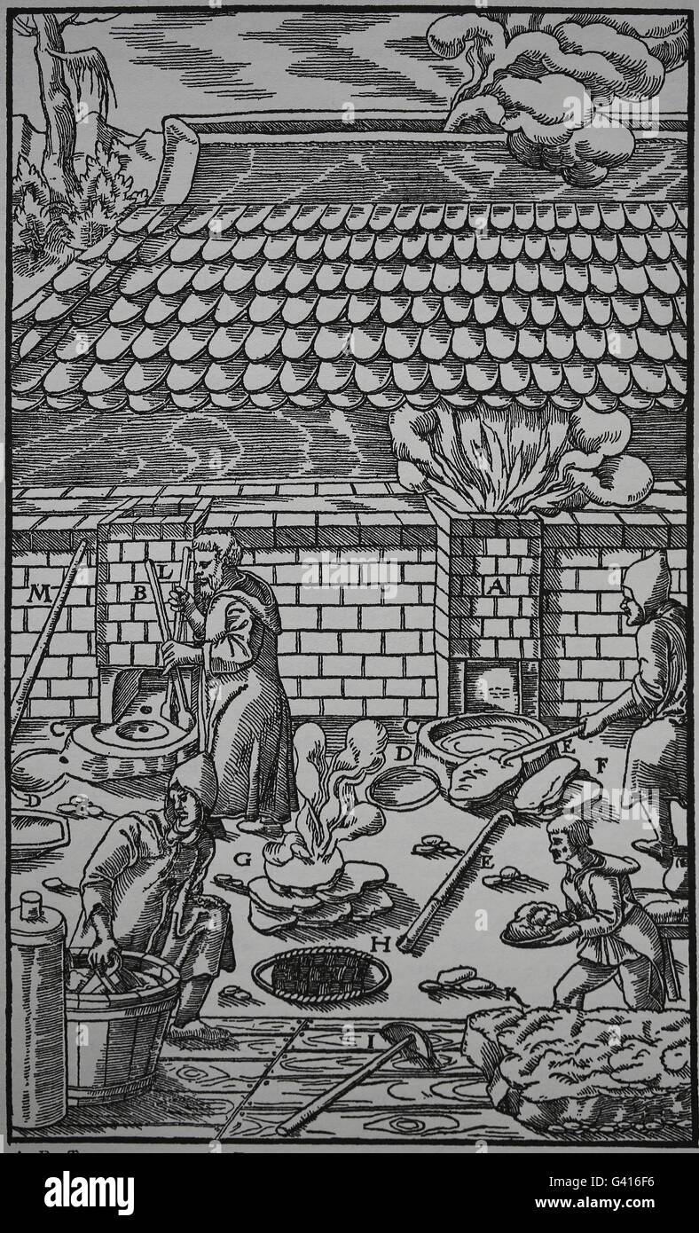 Georg Agricola (1494-1555). De Re Metallica, 1556. Buch IX. Methoden der Verhüttung von Erzen. Stockfoto