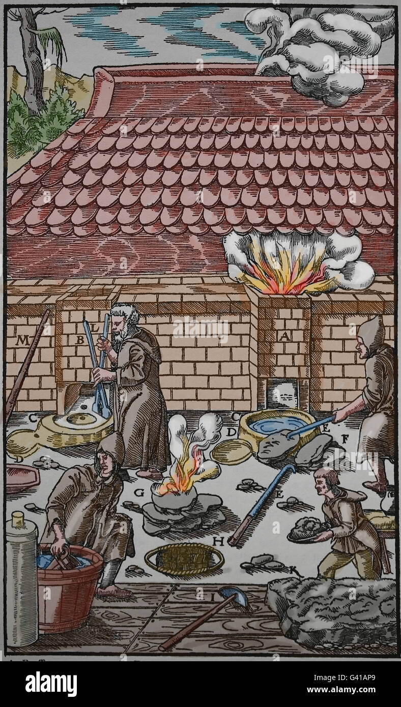 Georg Agricola (1494-1555). De Re Metallica, 1556. Buch IX. Methoden der Verhüttung von Erzen. Farbe. Stockfoto