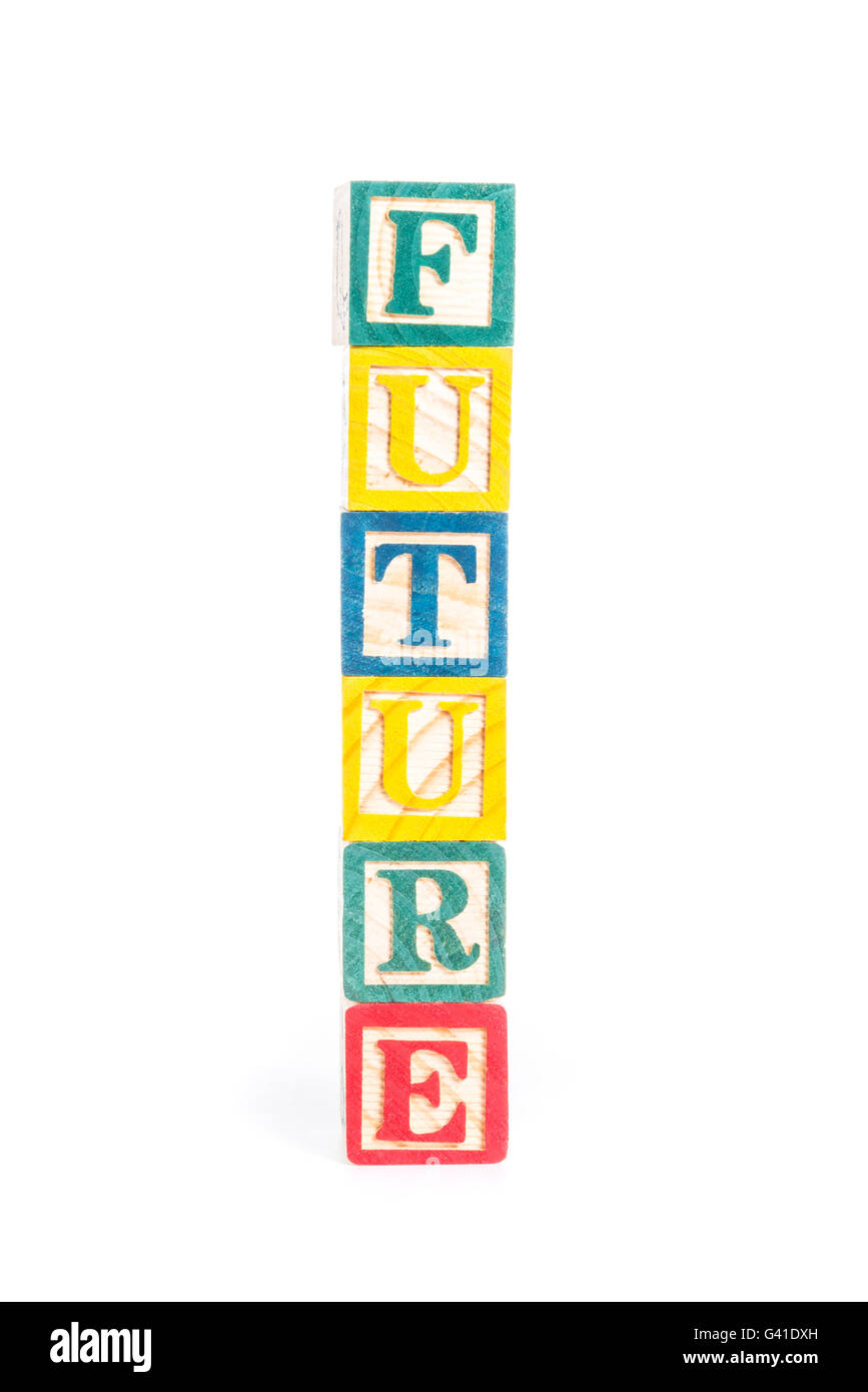Zukunft mit bunten Alphabet Blöcke auf weißem Hintergrund Stockfoto