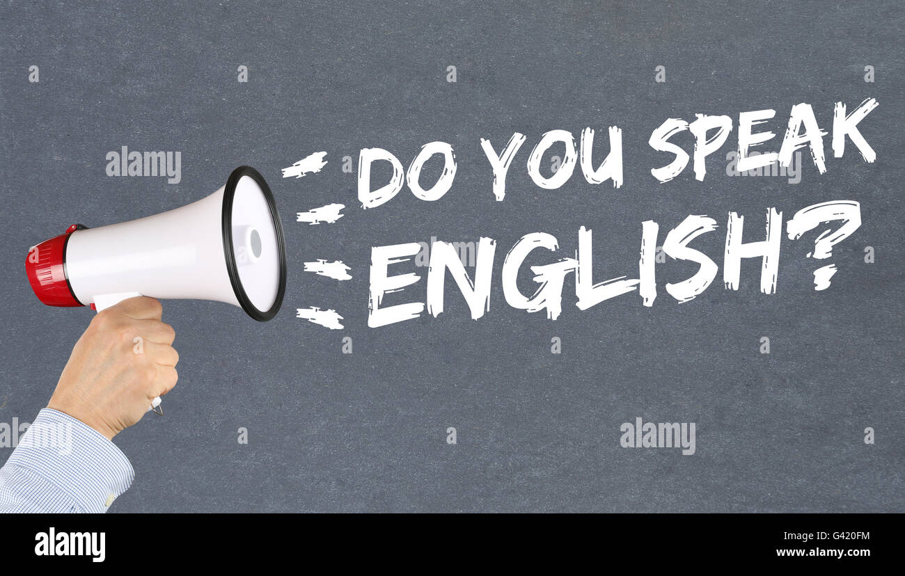 Sprechen Sie Englisch als Fremdsprache lernen Schule Hand mit Megaphon Stockfoto
