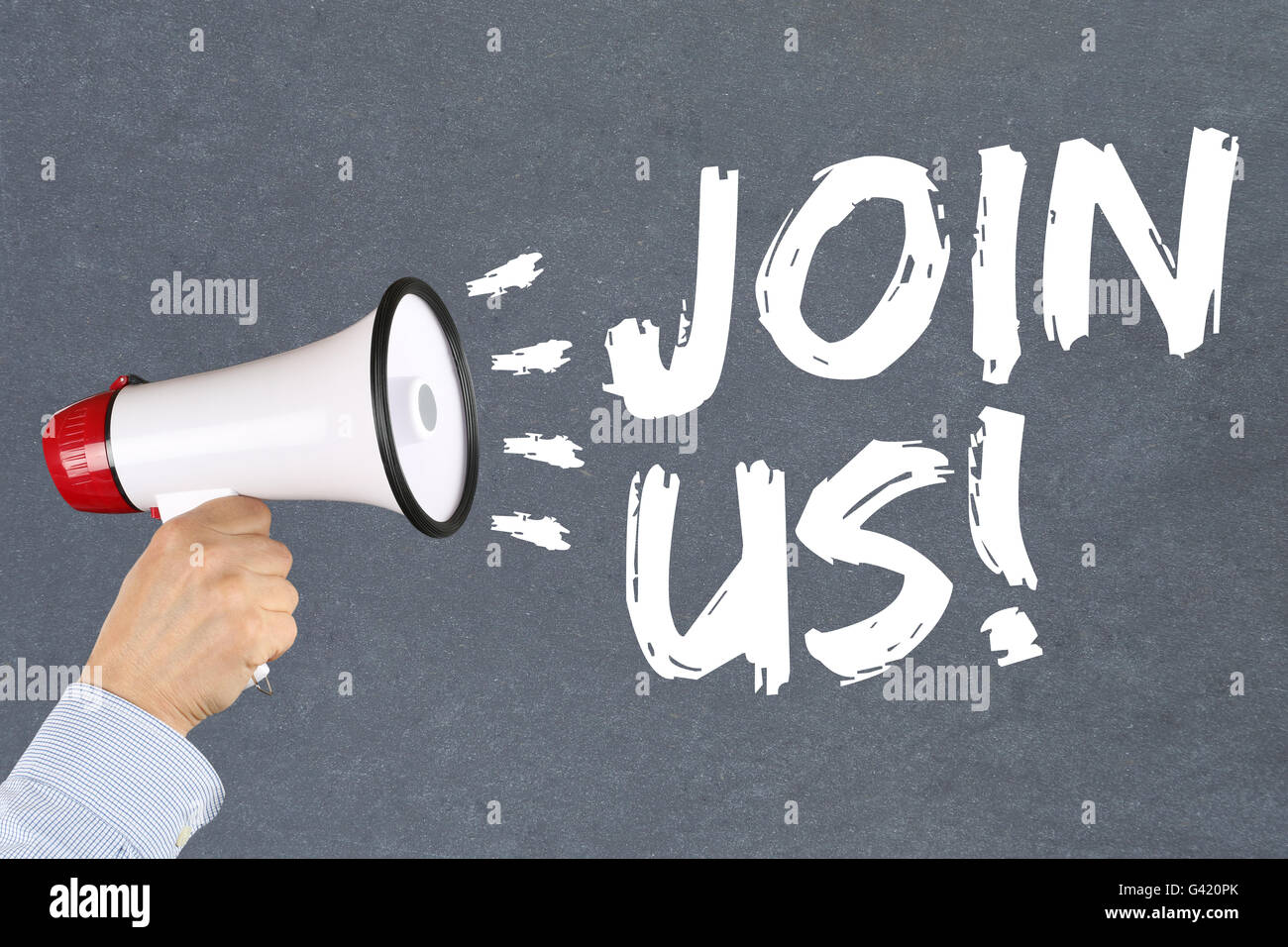 Join uns Einladung Team teilnehmen Sport Training Hand mit Megaphon Stockfoto