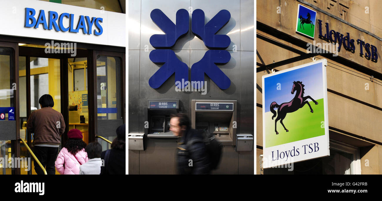 Fotos von (von links) einer Barclays Bank, einer Royal Bank of Scotland und einer Lloyds Bank. Stockfoto