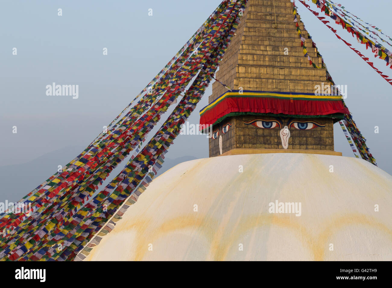 Kathmandu, Nepal - 3. Dezember 2014: Detail des Boudhanath Stupa Stockfoto