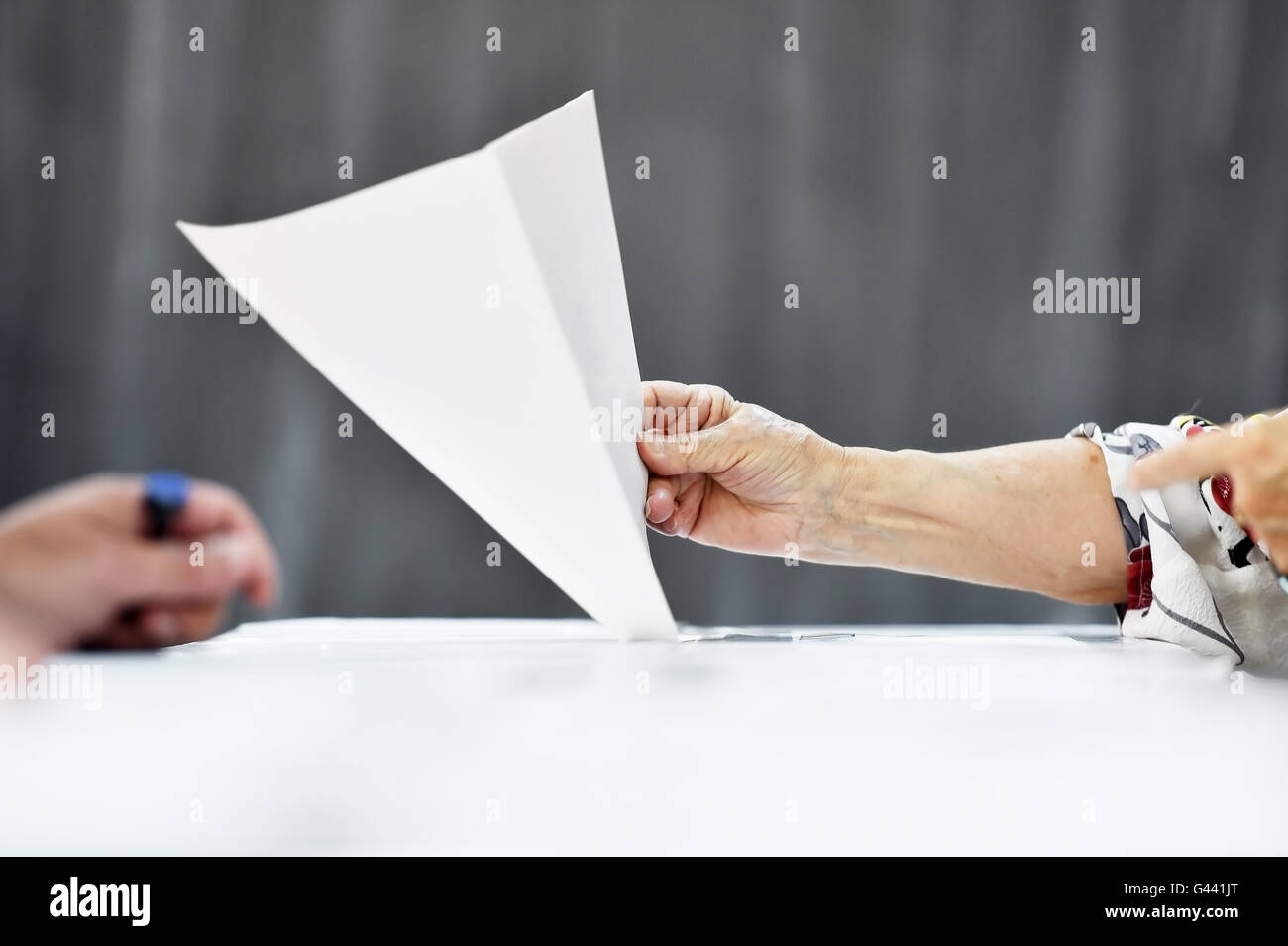 Hand einer Person, die Stimmabgabe bei Wahlen in die Wahlurne Stockfoto