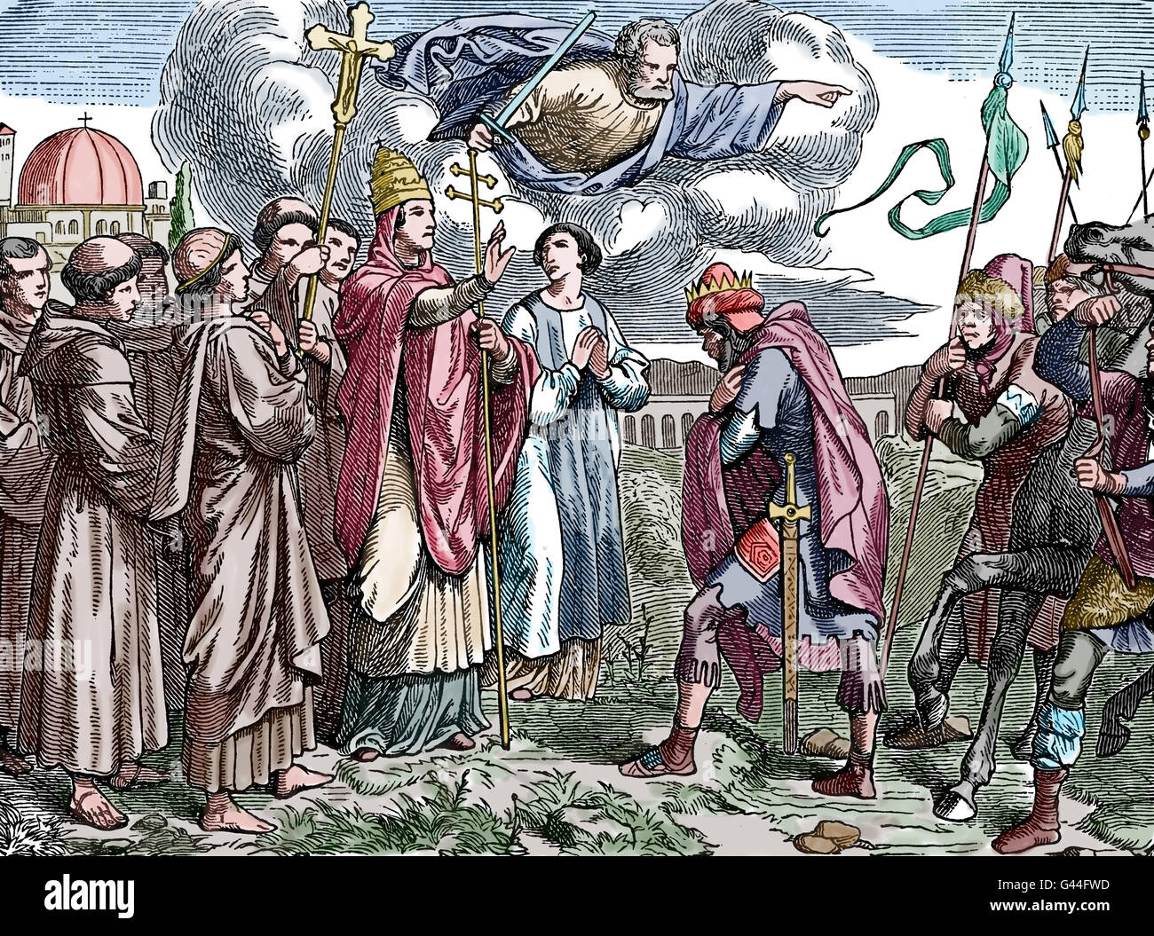 Treffen von Papst Leo und Attila. 452. Gravur, Farbe. des 19. Jahrhunderts. Stockfoto