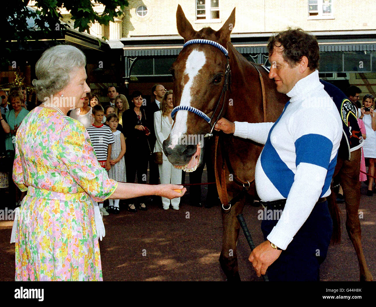 Die britische Königin Elizabeth II. Spricht mit dem Veteranen-Jockey-Bob-Champion, während der Grand National-Sieger Aldaniti ein Stück Karotte ablegt, das ihm die Königin heute (Montag) angeboten hat. Champion traf die Queen im Royal Mews, nachdem er seine Fahrt für das Leben von Edinburgh nach London absolviert hatte, um Geld für den Bob Champion Cancer Trust zu sammeln. Siehe PA Story ROYAL Queen. PA-Fotos (Reuter Rota pic) Stockfoto