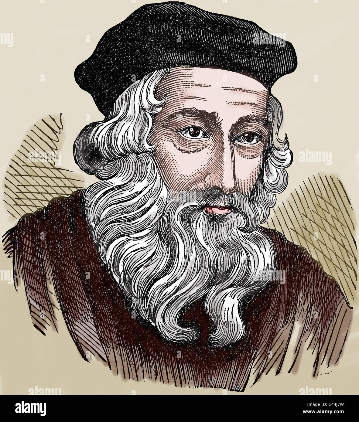 John Wycliffe (1320-1384). Englische scholastische Philosoph, Reformer und biblischen Übersetzer. Gravur. Farbige. Stockfoto