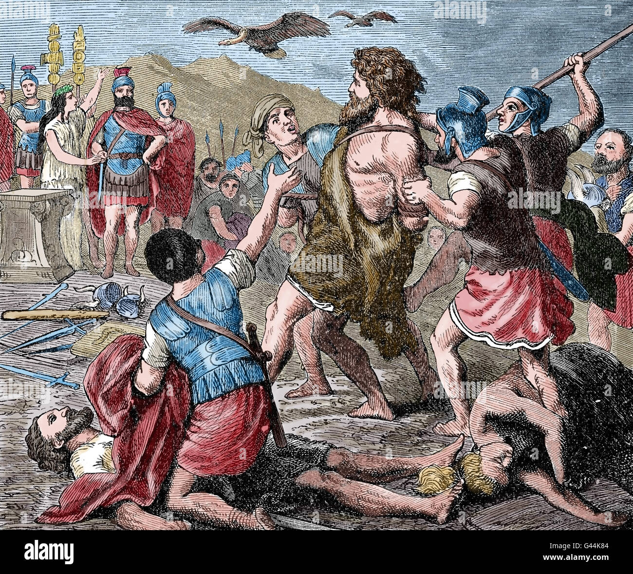 Germanen, a Germanischer Stamm. Zimbrischen Krieg. Der König der Germanen Teutobod erfassen. 2. C. BC. Gravur. Farbige. des 19. Jahrhunderts. Stockfoto