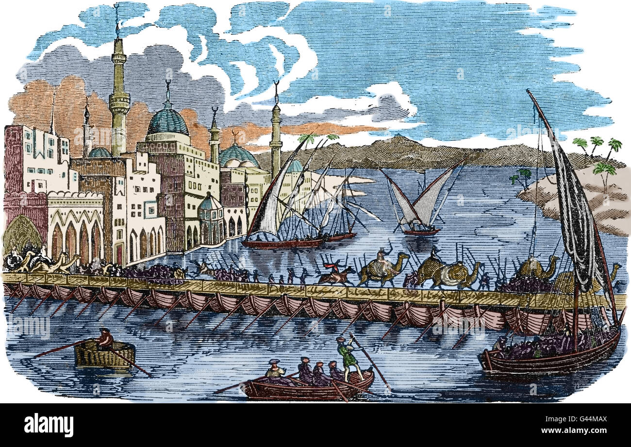 Irak. Bagdad und Tigris Fluß. Abbasid Caliphate. Gravur. 19. c. Farbe. Stockfoto