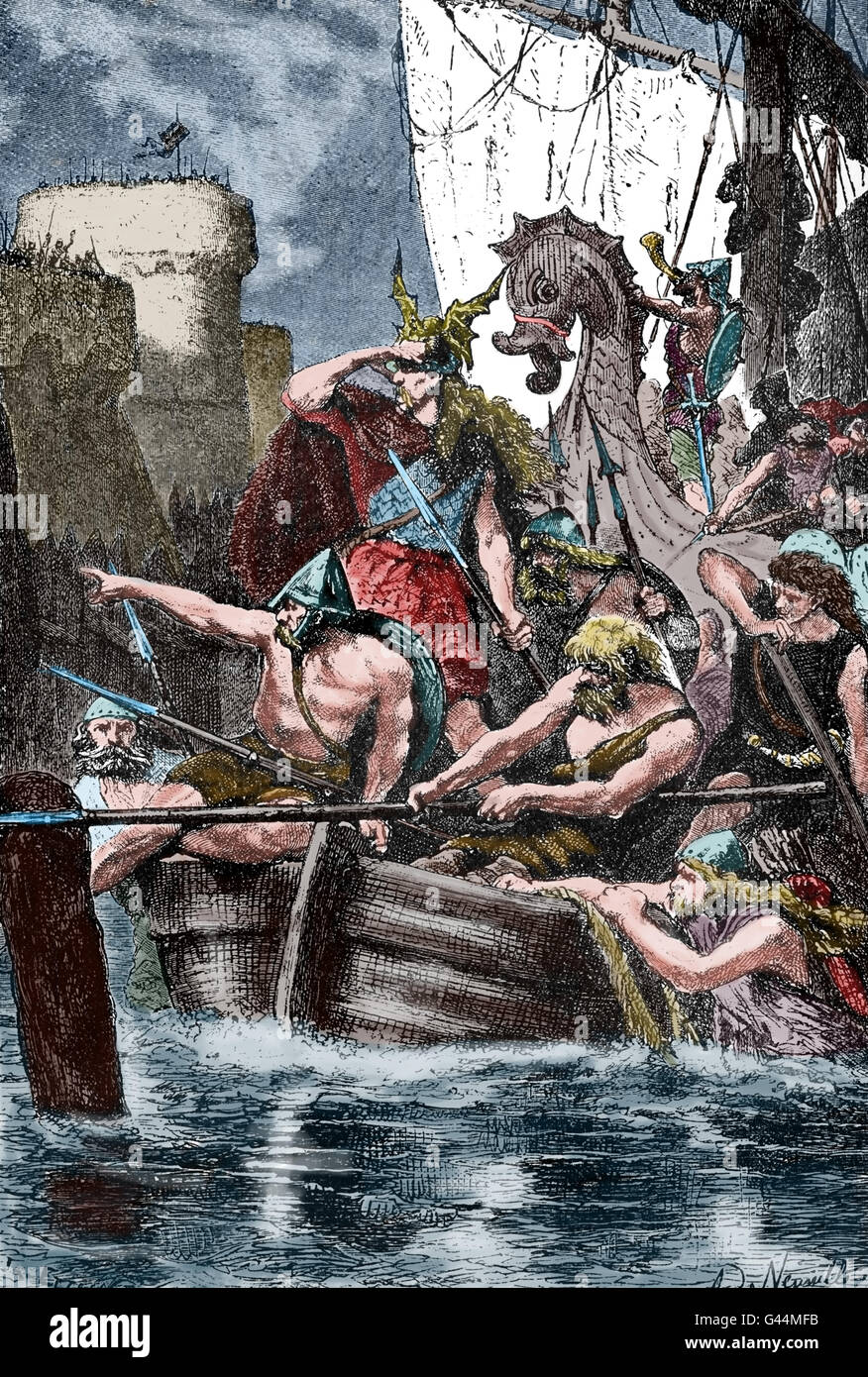 Wikinger greifen die Mittelmeerküste. 10. Jahrhundert. Gravur. Farbe. Stockfoto