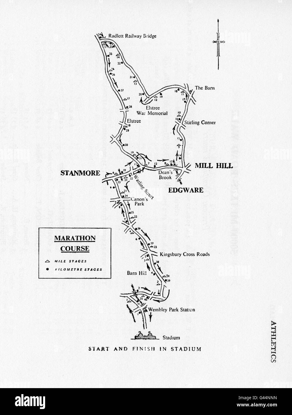 Eine Karte, die den Marathonkurs für die Olympischen Spiele 1948 durch die Londoner Vororte zeigt. Stockfoto