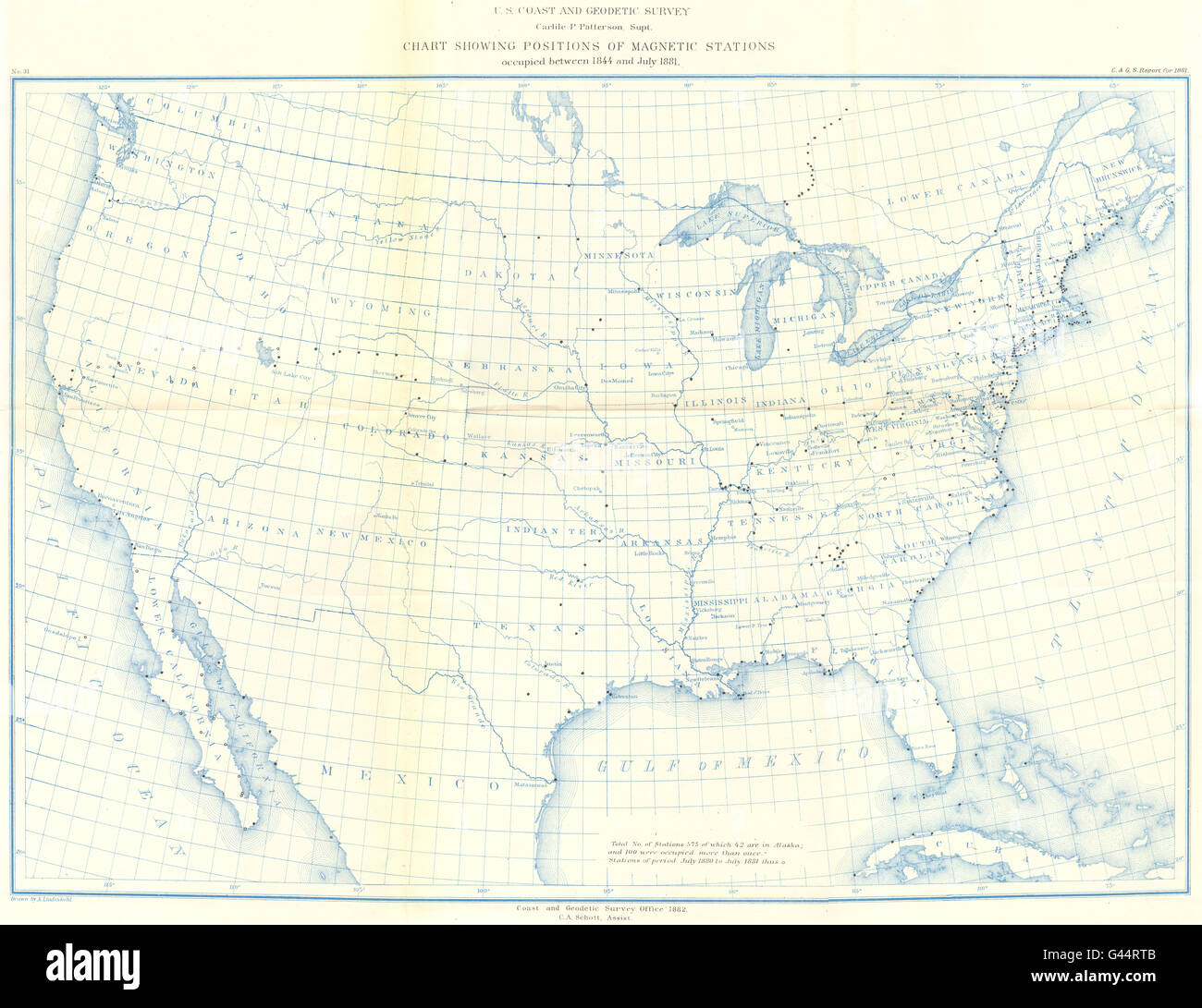 USA: USCGS magnetischen Stationen besetzt zwischen 1844 und Juli 1881, 1881 alte Karte Stockfoto