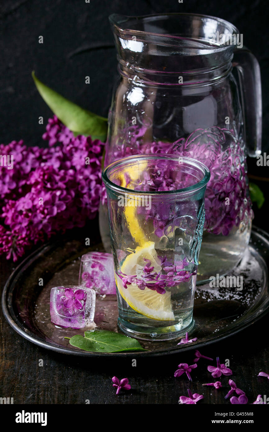 Glas und Krug mit lila Limonade Wasser mit Zitrone, Eiswürfel mit lila Blumen und Flieder Zweig auf Vintage Eisen Tablett über b Stockfoto