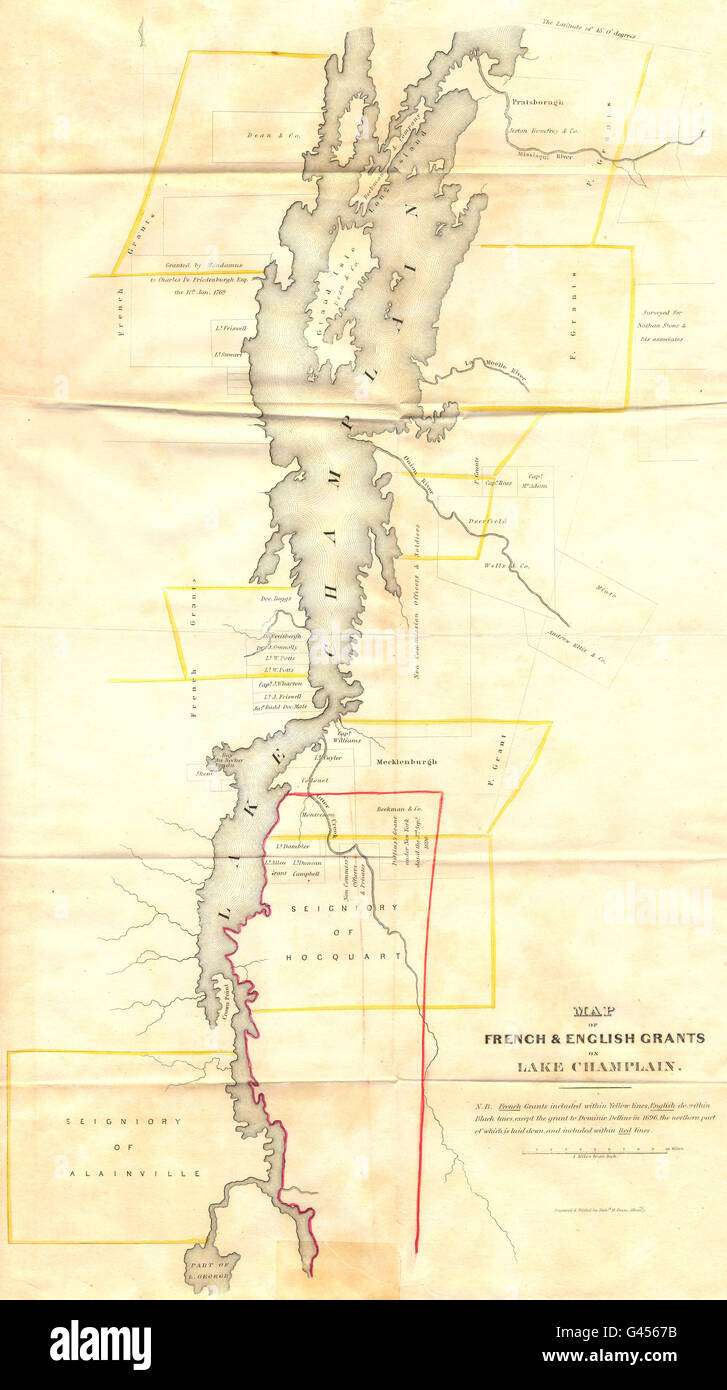 LAKE CHAMPLAIN: Französische & englische Zuschüsse. Eigentumsrechte, 1849 Antike Landkarte Stockfoto