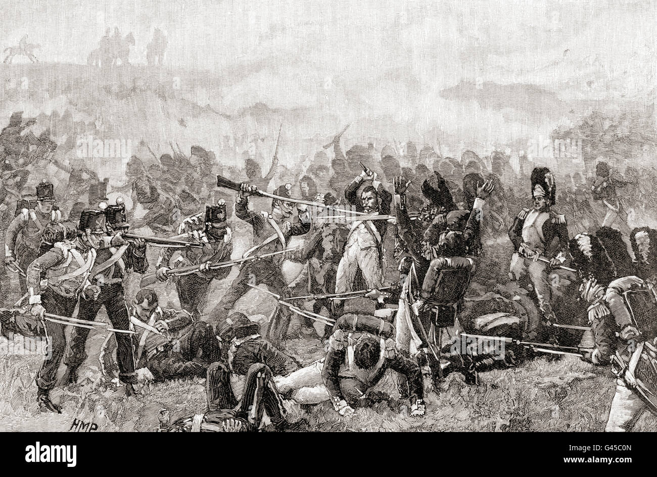 Die Schlacht von Waterloo, Belgien, 18. Juni 1815.  Französischen und englischen Soldaten kämpfen hand in hand. Stockfoto