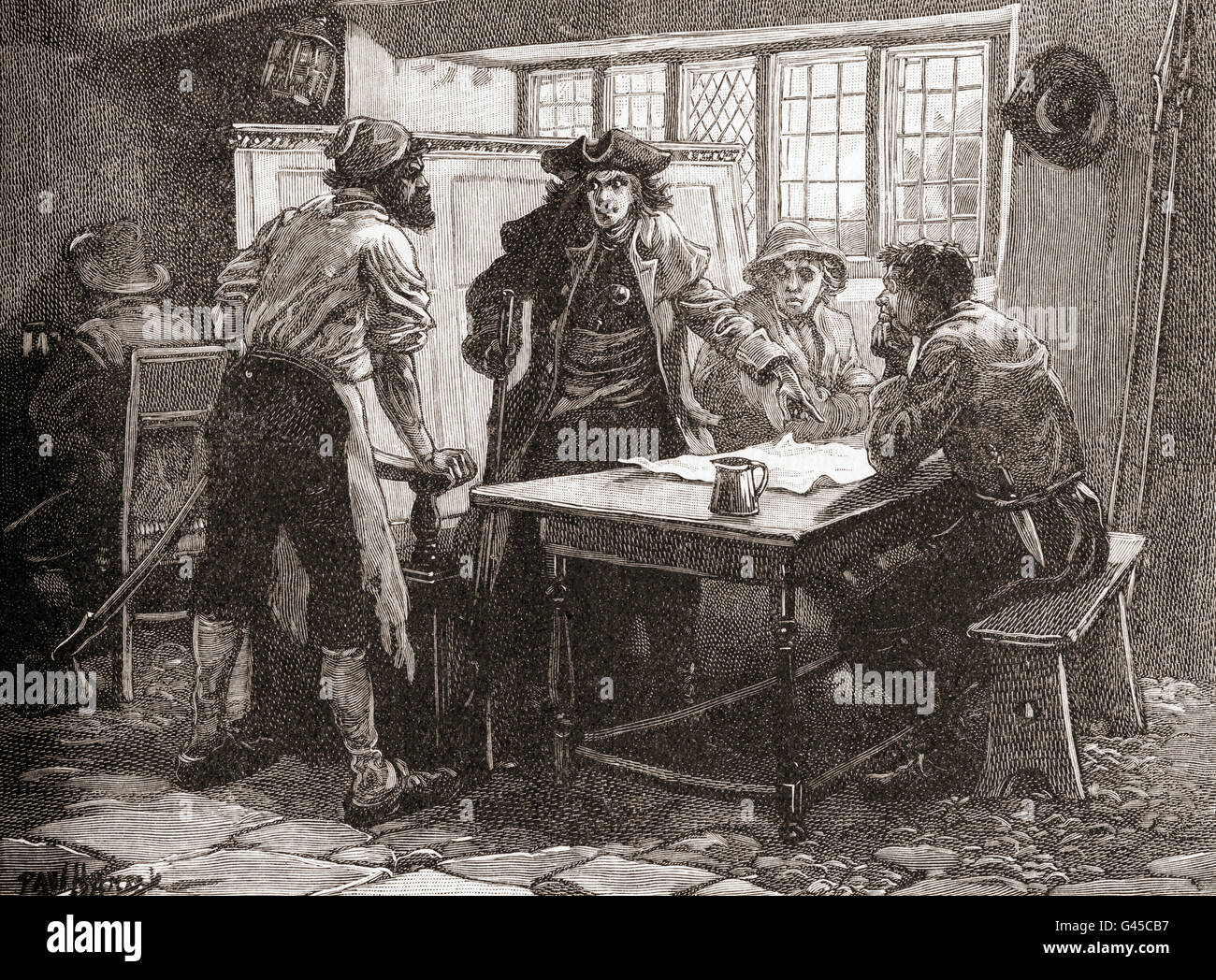 "Nottingham Kapitän" und die Agitatoren, die zum Sturz der britischen Regierung Planung treffen im White Horse Pub, Pentrich, Derbyshire, England im Jahre 1817.  Jeremiah Brandreth, auch bekannt als die 'Nottingham Captain", 1785 – 1817. Arbeitslose Strumpf-Hersteller wegen Verrats enthauptet wurde. Stockfoto