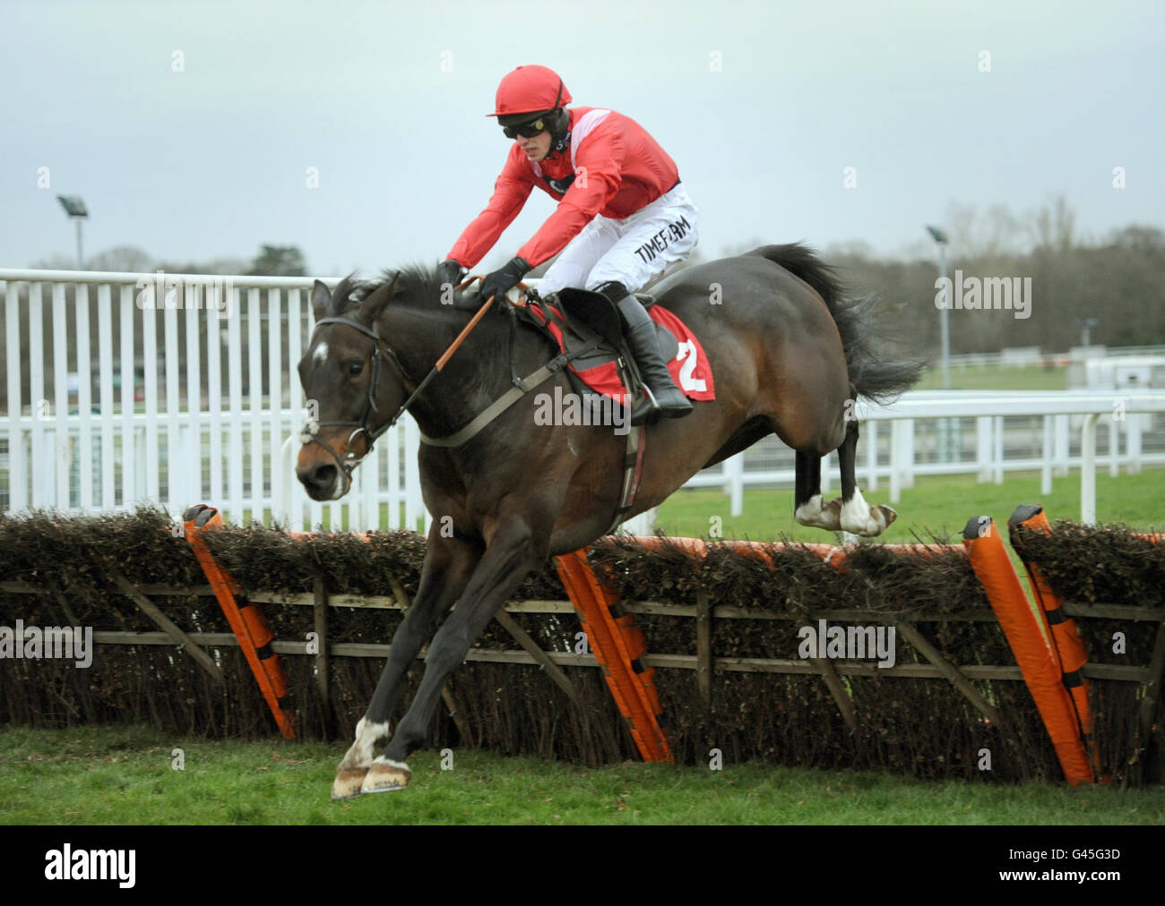 Rebellen-Rebellion unter Ian Popham gewinnt die Hürde der SSAFA-Truppen für „National Hunt“-Anfänger (Klasse 4) während des Grand Military Gold Cup Day auf der Sandown Racecourse in Surrey. Stockfoto