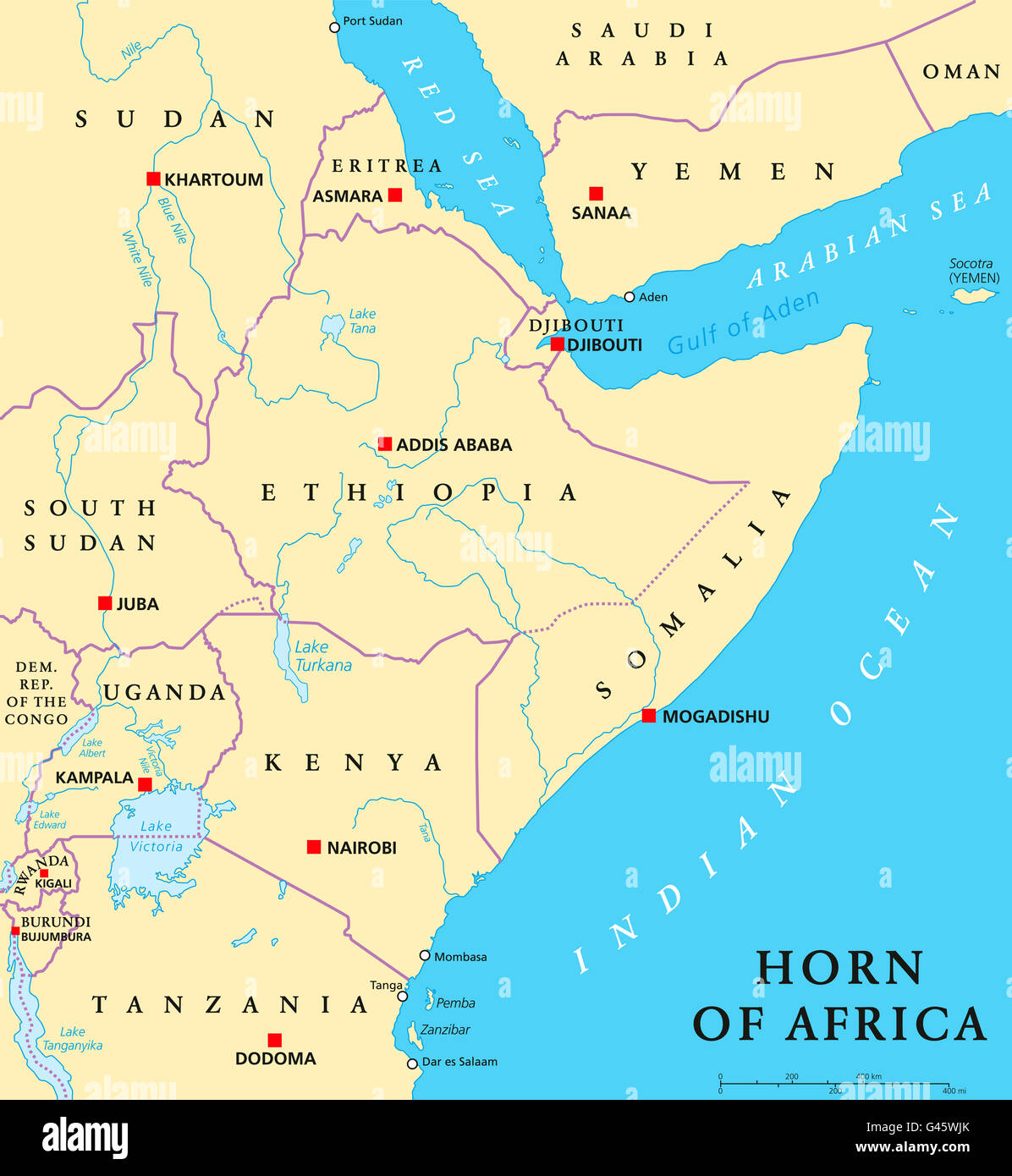 Horn von Afrika Halbinsel politische Karte mit Hauptstädten, Landesgrenzen, wichtige Städte, Flüsse und Seen. Stockfoto