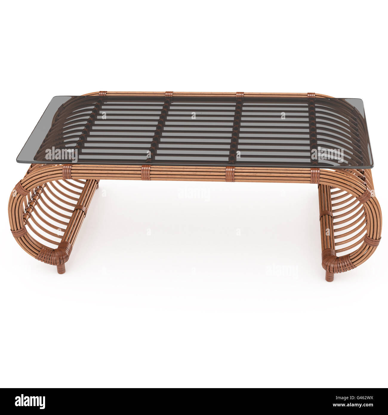 Rattan-Tisch mit Glas-Top-3d-Grafik Stockfoto