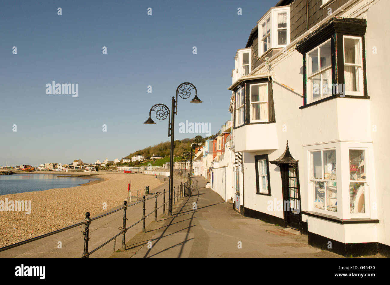 Die Promenade in Lyme Regis, Dorset, UK. April. Von der Stadt mit Blick auf The Cobb. Stockfoto