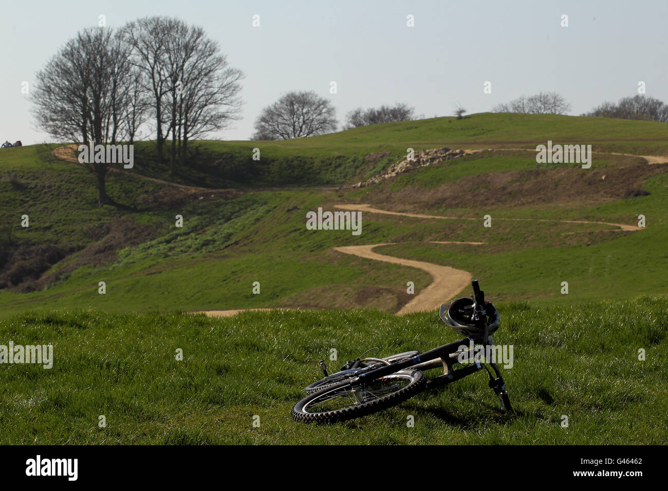 Olympische Spiele - Fertigstellung des Olympic Mountain Bike Venue - Hadleigh Farm. Eine allgemeine Ansicht des Mountain Bike Veranstaltungsortes für die Olympischen Spiele 2012 in London Mountain Biking Veranstaltung auf der Hadleigh Farm, Essex. Stockfoto