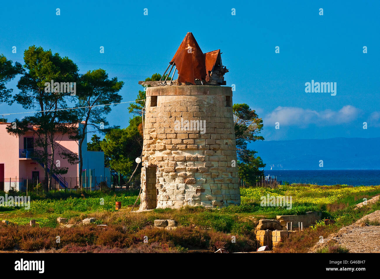 Mulino einen Vento, Windmühle, Trapani Sizilien, Italien, Mittelmeer Stockfoto