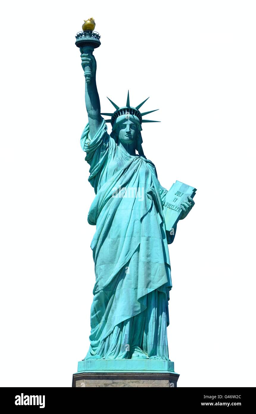 Blick nach vorne auf die Freiheitsstatue in New York City auf weißem Hintergrund Stockfoto